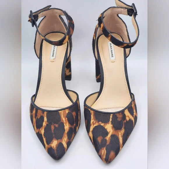 Alex Marie Leopard Ankle Strap Block Heels Leopard Print☆Real Fur - Picture 2 of 12